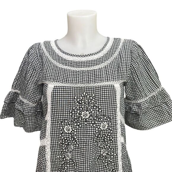 Free People Sunny Day Trapeze Shift Dress Gingham Black Floral Embroidered sz XS - Picture 3 of 9